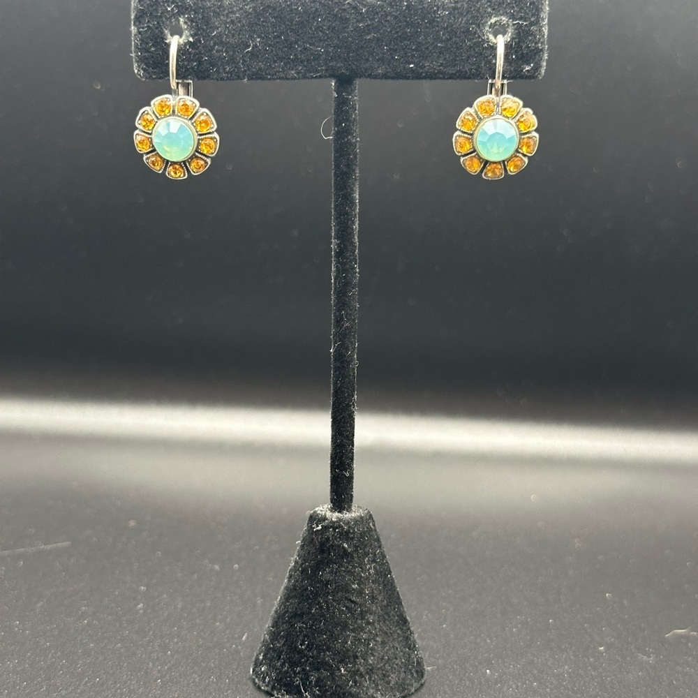 Elegant Floral Earrings with Aqua Blue and Orange Gold set in silver tone